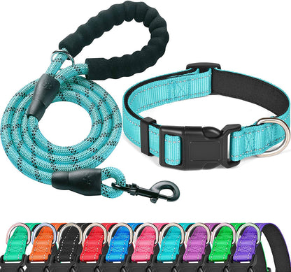 Reflective Dog Collar Padded with Soft Neoprene Breathable Adjustable Nylon Dog Collars for Small Medium Large Dogs (Large (Pack of 1), Vivid Blue Collar+Leash)