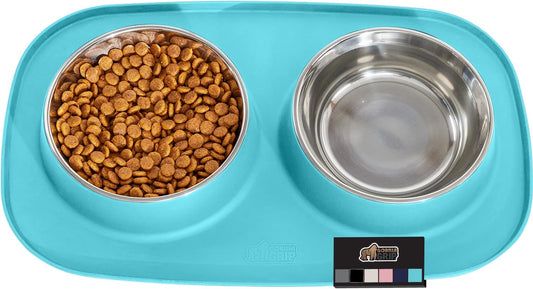 Gorilla Grip 100% Waterproof BPA Free Cat and Dog Bowls Silicone Feeding Mat Set, Stainless Steel Bowl Slip Resistant Raised Edges, Catch Water, Food Mess, No Spills, Pet Accessories, 2 Cup, Turquoise