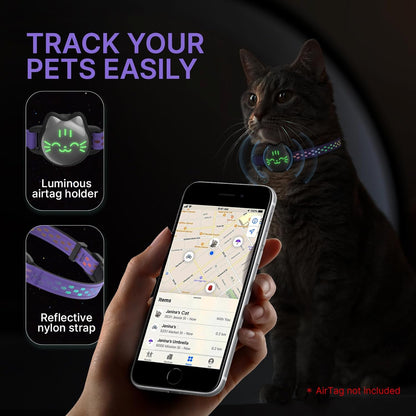 Waterproof Airtag Cat Collar, Breakaway Cat Airtag Collar with Luminous & Reflective Pattern Strap, Lightweight Kitten Collar for Apple Air Tag, Hidden Holder for GPS Tracker - Cats, Kittens (9-13")