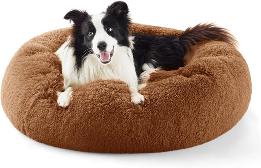 Bedsure Calming Dog Bed for Large Dogs - Donut Washable Large Pet Bed, 36 Inches Anti-Slip round Fluffy Plush Faux Fur Dog Bed, Fits up to 100 Lbs Pets, Caramel