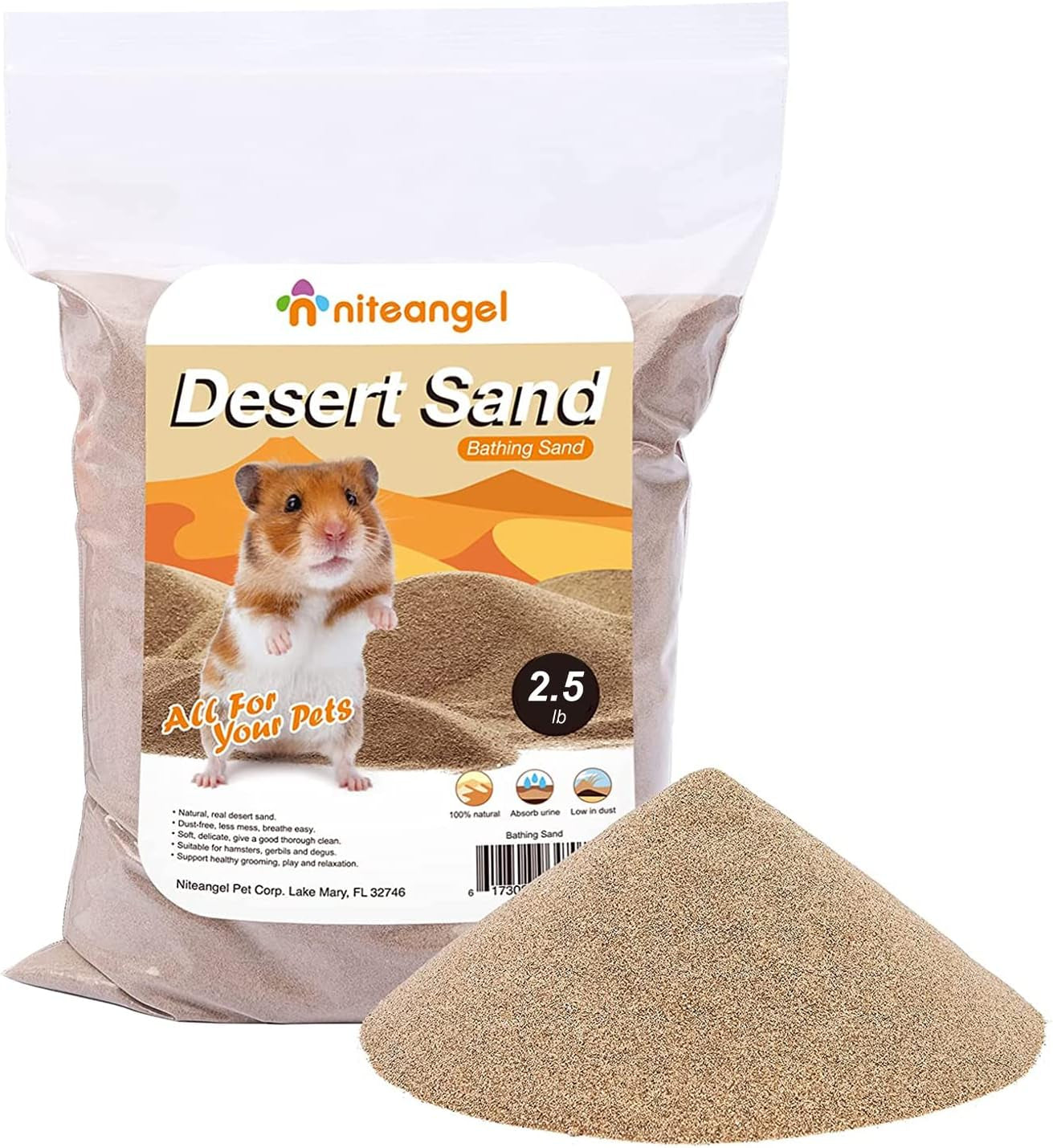 Niteangel Hamster Desert Bath Sand | No-Dust Bath or Potty Litter Sand for Hamster Chinchillas Gerbil Mice Degu or Other Small Pets (2.5LB, Desert Sand)