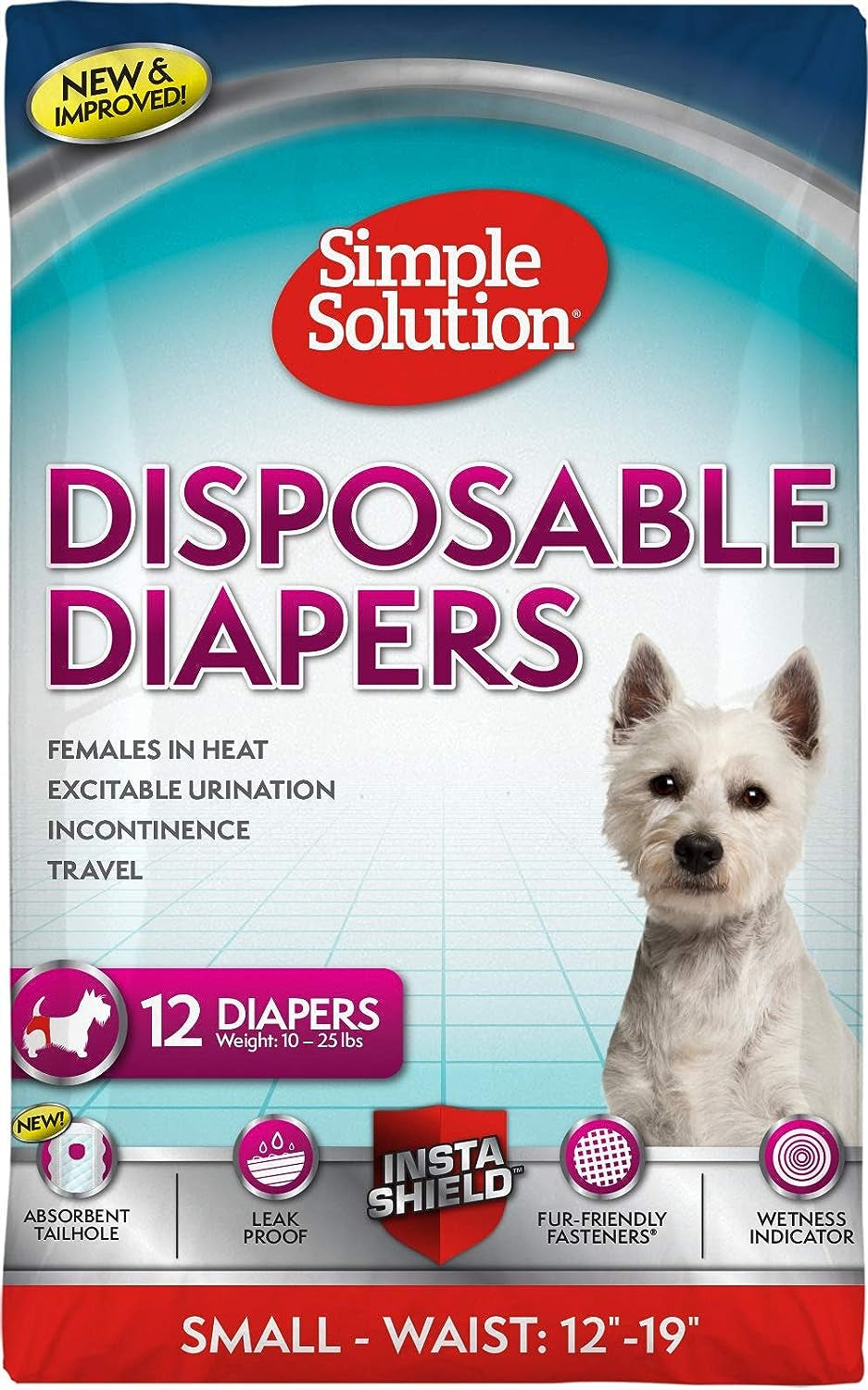 Simple Solution Disposable Dog Diapers for Female Dogs | Super Absorbent Leak-Proof Fit | Females in Heat, Excitable Urination, Incontinence, or Puppy Training | Small | 12 Count