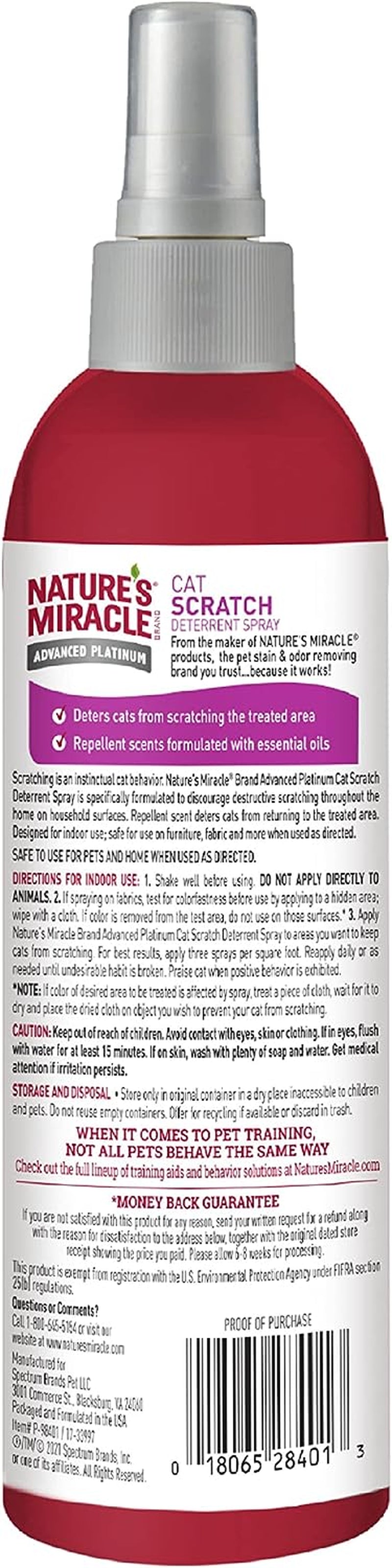 Nature'S Miracle Advanced Platinum Cat Scratch Deterrent Spray, 8 Ounces, Discourages Destructive Scratching