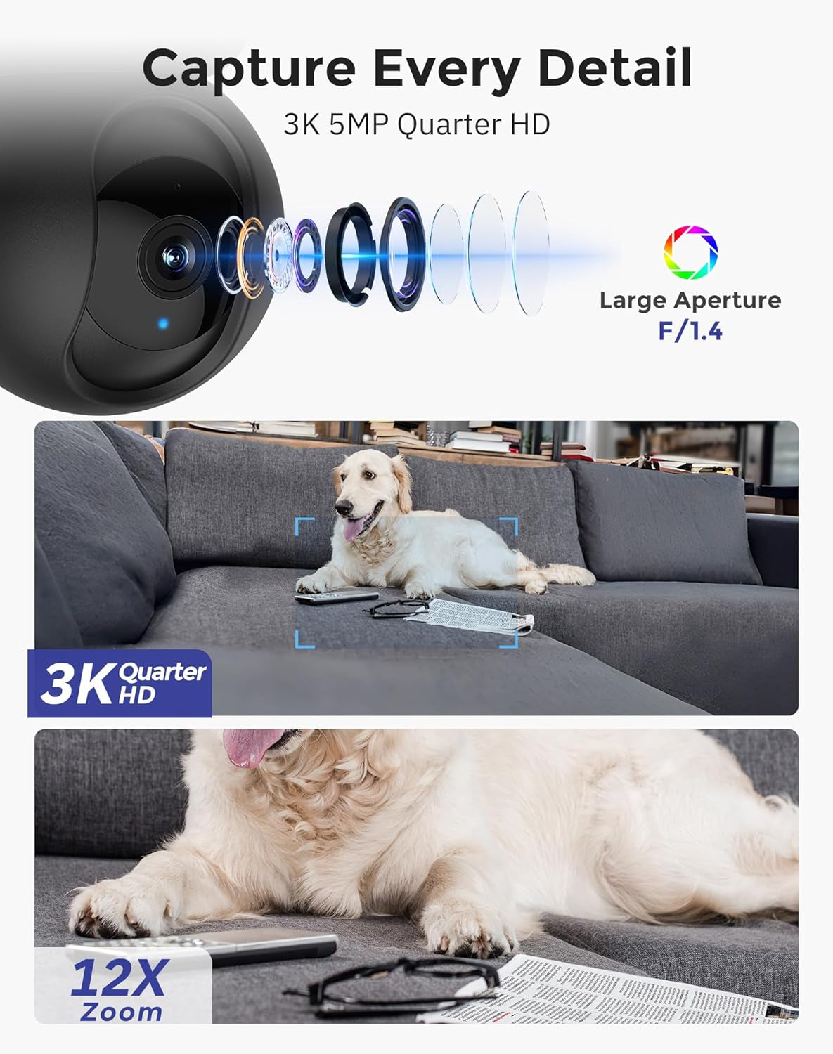 Hugolog 3K 5MP Indoor Pan/Tilt Security Camera with Auto-Focus,Ideal for Baby Monitor/Pet Camera/Home Security,Starlight Color Night Vision,Human/Pet Ai,Two-Way Audio,Us Cloud,Compatible with Alexa