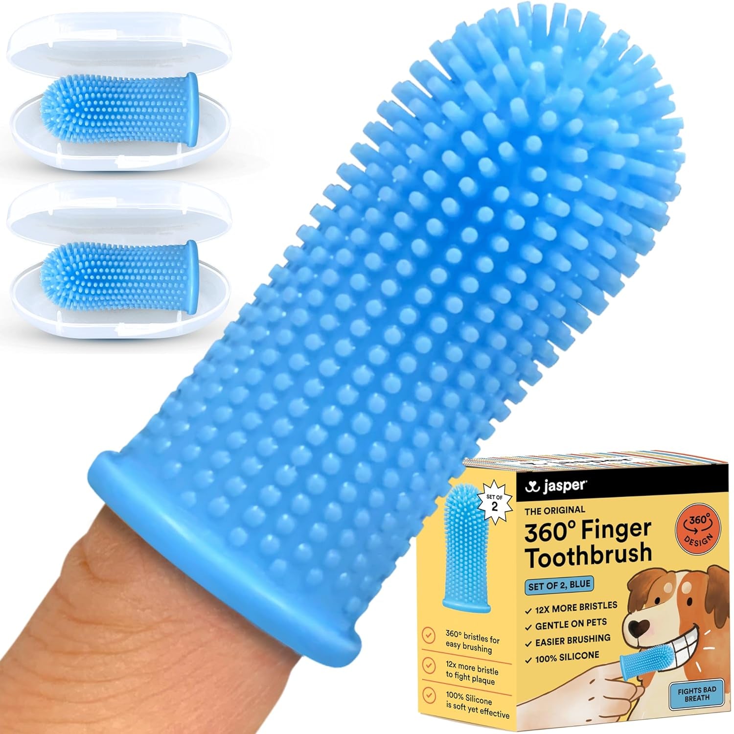 Jasper Dog Toothbrush, 360º Dog Tooth Brushing Kit, Cat Toothbrush, Dog Teeth Cleaning, Dog Finger Toothbrush, Dog Tooth Brush for Small & Large Pets, Dog Toothpaste Not Included - Blue 4-Pack