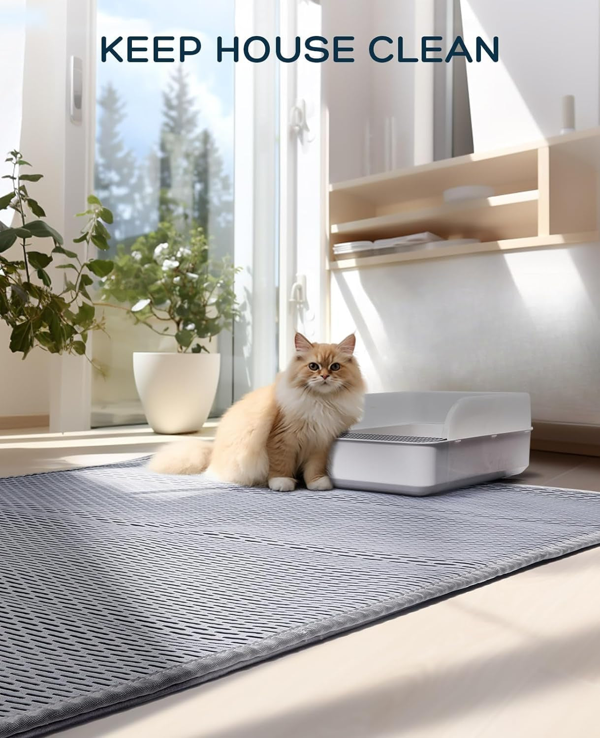 Burgeonnest 45"X 32" Cat Litter Mat, Velcro Design, Washable Extra Large XL Kitty Litter Trapping Mat, Smooth and Comfortable Material Litter Box Mat, Fewer Creases