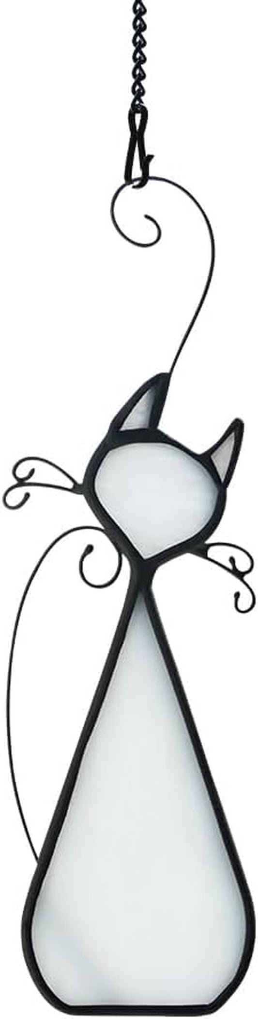 BOXCASA White Cat Decor Staiend Glass Window Hanging,Cat Decor for Cat Lovers Gifts for Women Handcrafted Suncatcher for Window,Cat Home Decor for Living Room Bedroom