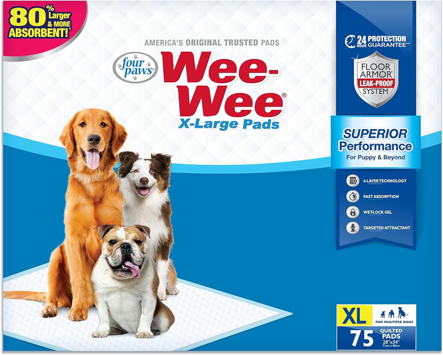 Four Paws Wee-Wee Superior Performance X-Large Dog Pee Pads - Dog & Puppy Pads for Potty Training - Dog Housebreaking & Puppy Supplies - 28" X 34" (40 Count),White