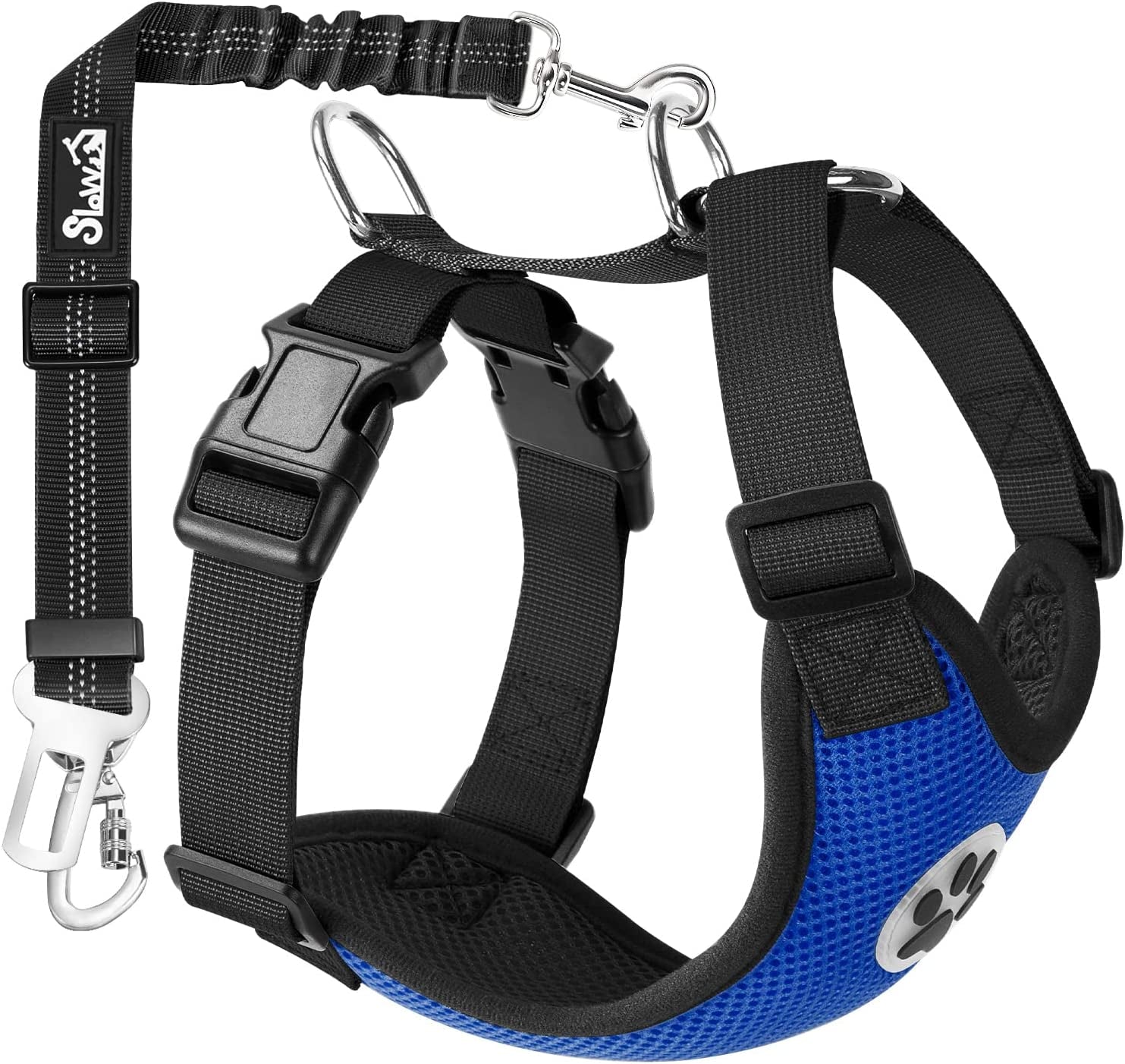 Slowton Dog Seat Belt Harness for Car, Dog Car Harness Adjustable Mesh Breathable & Dog Seatbelt Safety Tether with Elastic Bungee for Small Medium Large Pets(Blue, Double Clip, S)