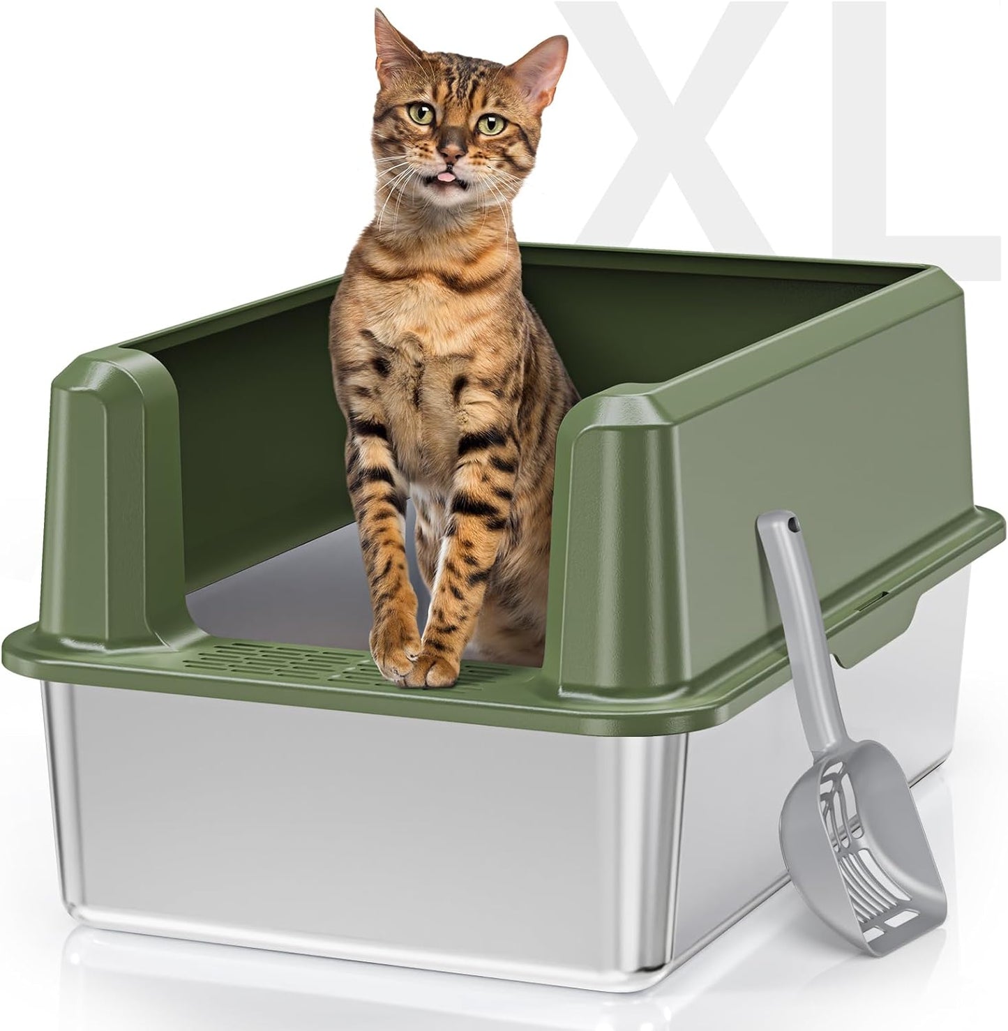 Enclosed Stainless Steel Cat Litter Box with High Side, XL Large Litter Box for Big Cats, Easy Clean Metal Kitty Litter Box with Scoop