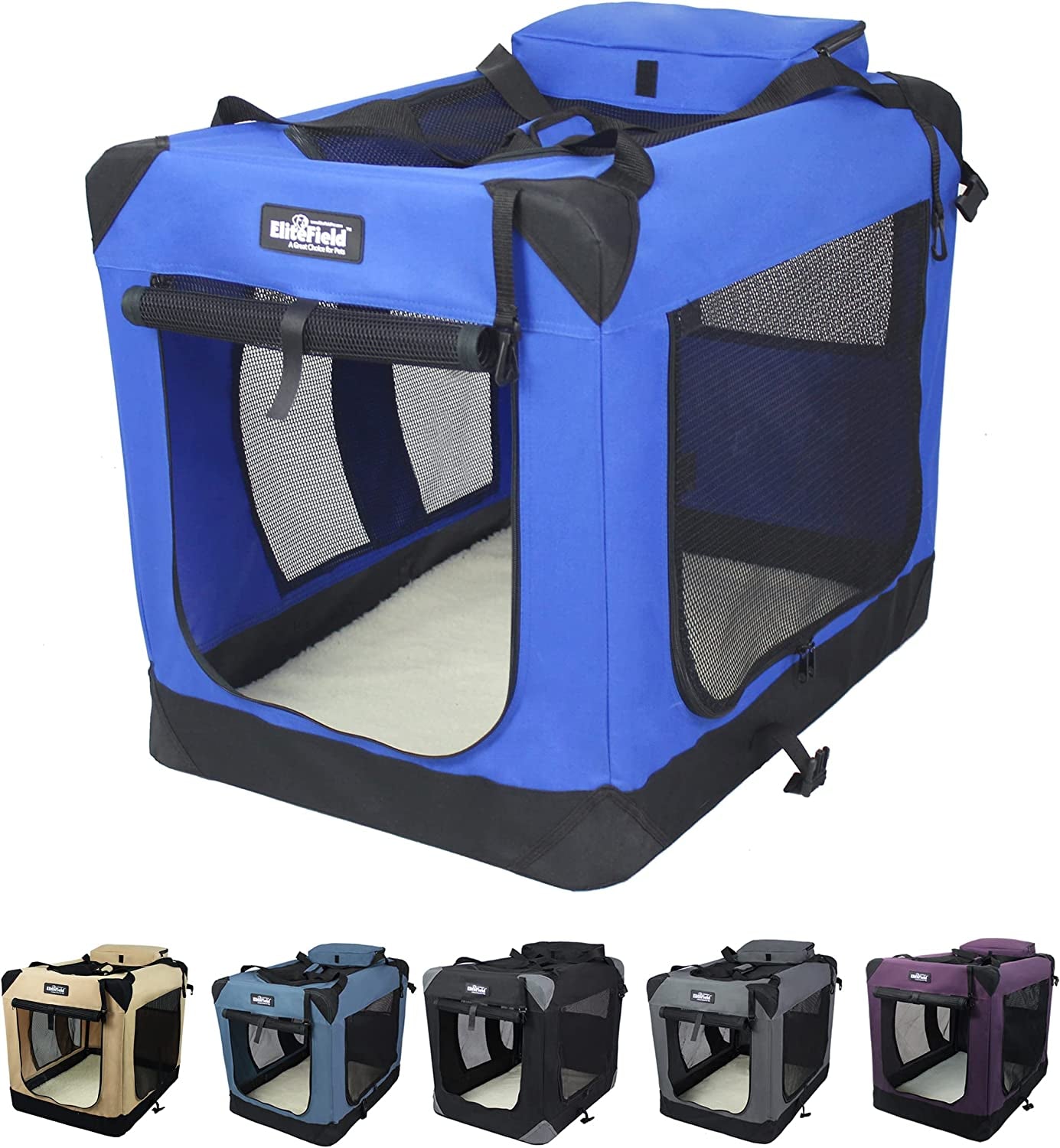 Elitefield 3-Door Folding Soft Dog Crate with Carrying Bag and Fleece Bed (2 Year Warranty), Indoor & Outdoor Pet Home (20" L X 14" W X 14" H, Royal Blue)