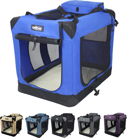 Elitefield 3-Door Folding Soft Dog Crate with Carrying Bag and Fleece Bed (2 Year Warranty), Indoor & Outdoor Pet Home (20" L X 14" W X 14" H, Royal Blue)