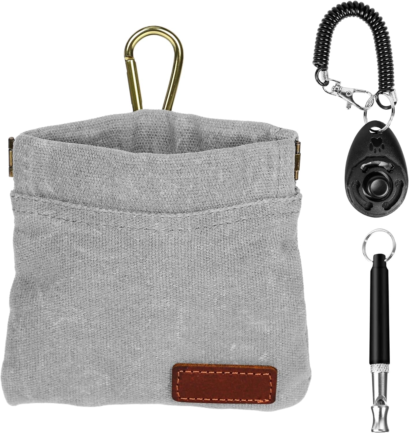 Dog Treat Pouch Training Kit with Clicker, Small Puppy Treat Bag with Clip, Hands Free Auto Closure Pouches with Dog Clicker and Silent Whistle for Pet Training (Grey)