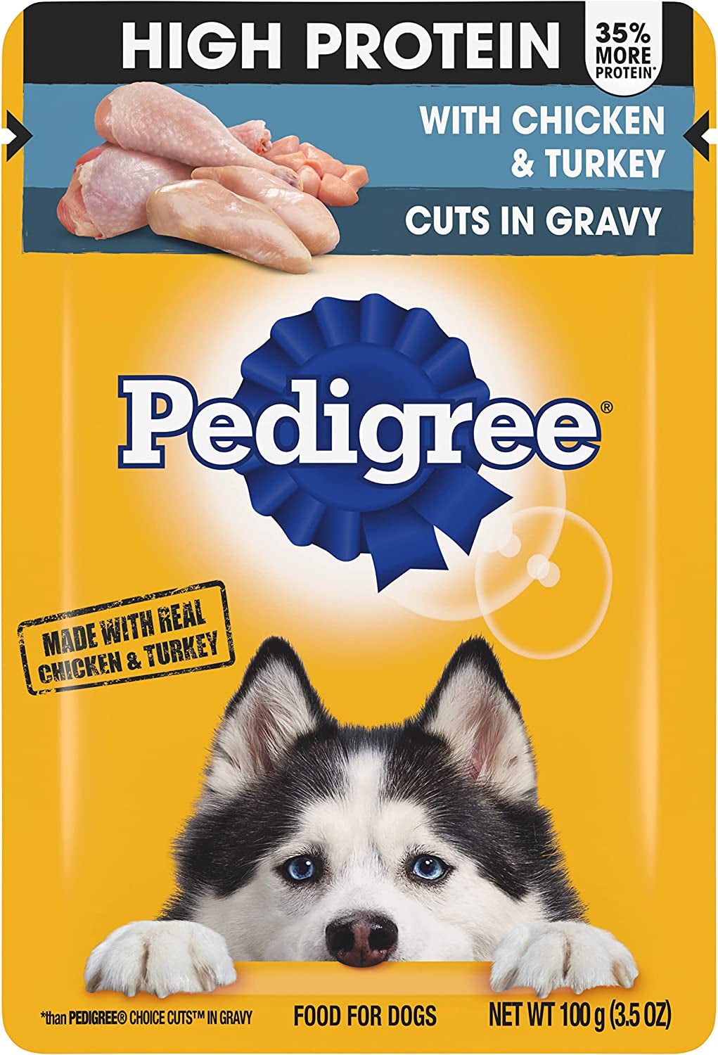 Pedigree High Protein Wet Dog Food Pouches, with Chicken and Turkey Cuts in Gravy, 3.5 Oz. Pouches, 16 Count