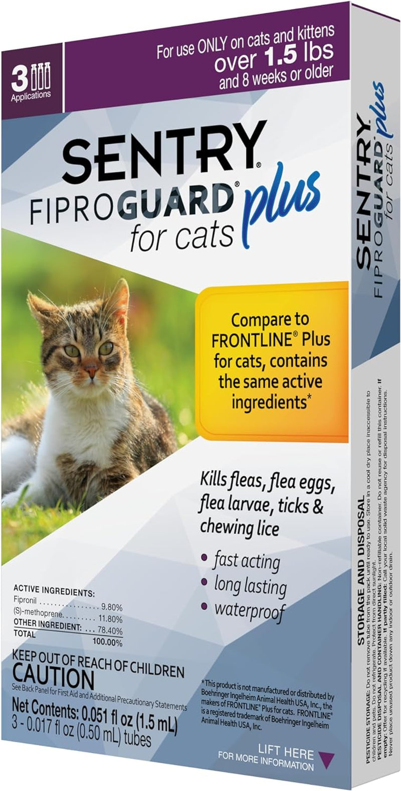 SENTRY Fiproguard plus for Cats, Flea and Tick Prevention for Cats (1.5 Pounds and Over), Includes 3 Month Supply of Topical Flea Treatments