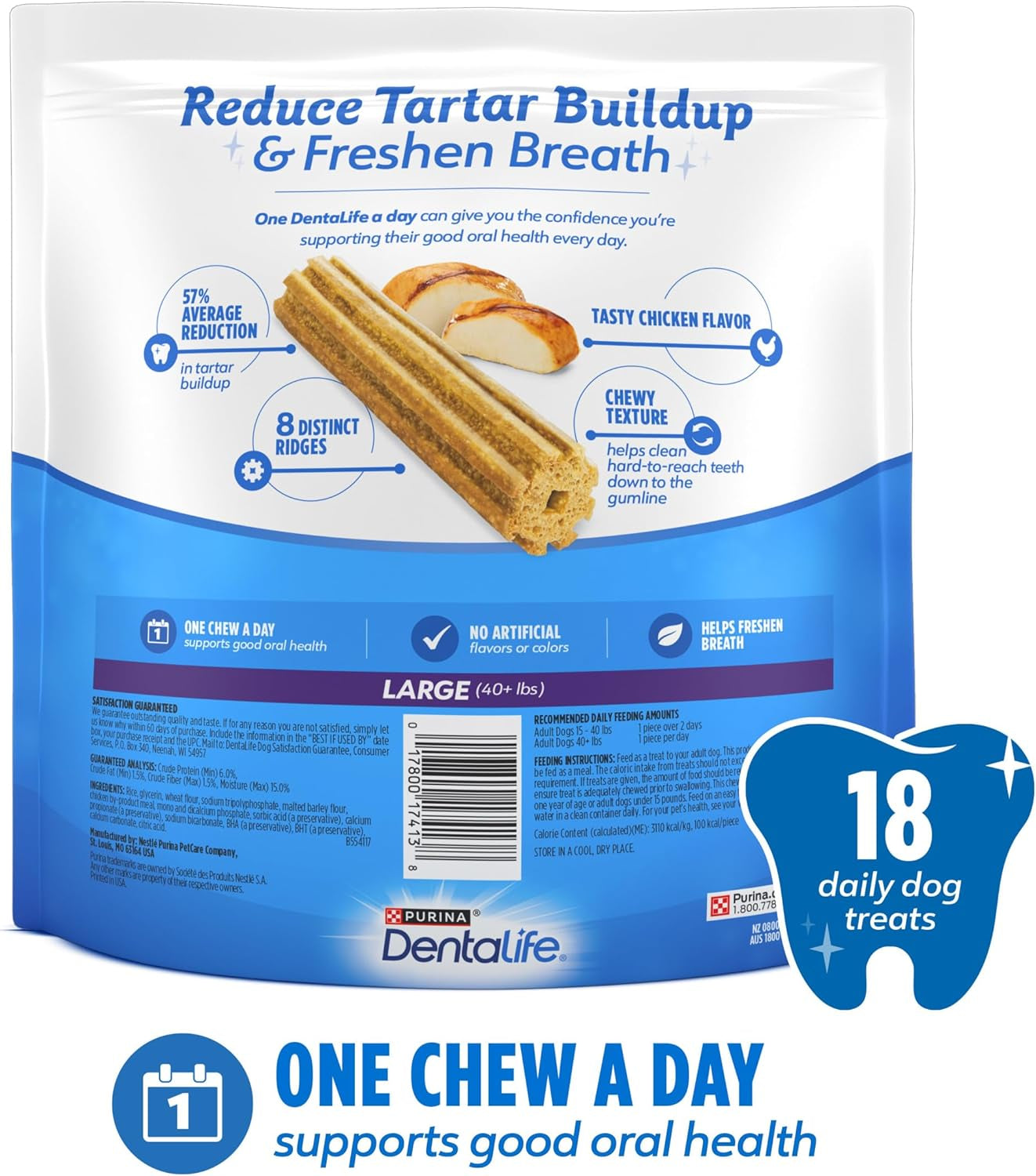 Purina Dentalife Made in USA Facilities Large Dog Dental Chews, Daily - 18 Ct. Pouch