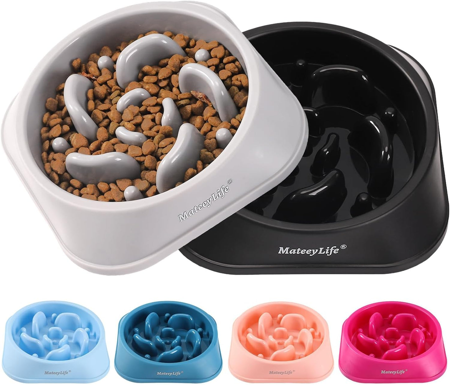 Mateeylife Slow Feeder Dog Bowls 2PCS, Anti-Choking Puzzle Dog Food Bowls, Anti-Slip Interactive Dog Feeding Bowls That Slow down Eating, Bloat Stop Maze Dog Dishes for All Breads Pets Gray&Black