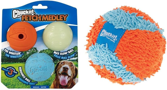 Chuckit! Fetch Medley Dog Ball Dog Toys, Medium (2.5 Inch) Pack of 3, for Medium Breeds, Includes Whistler, Max Glow and Rebounce Balls & Indoor Fetch Ball Dog Toy (4.75 Inch), Orange and Blue