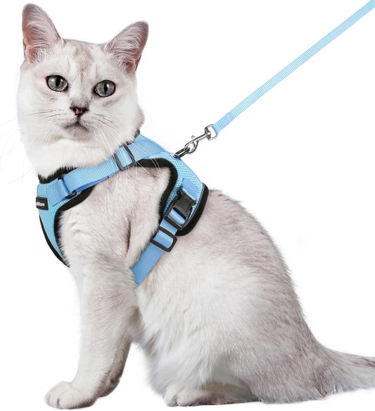 Rabbitgoo Cat Harness and Leash for Walking, Escape Proof Soft Adjustable Vest Harnesses for Cats, Easy Control Breathable Reflective Strips Jacket, Light Blue,M