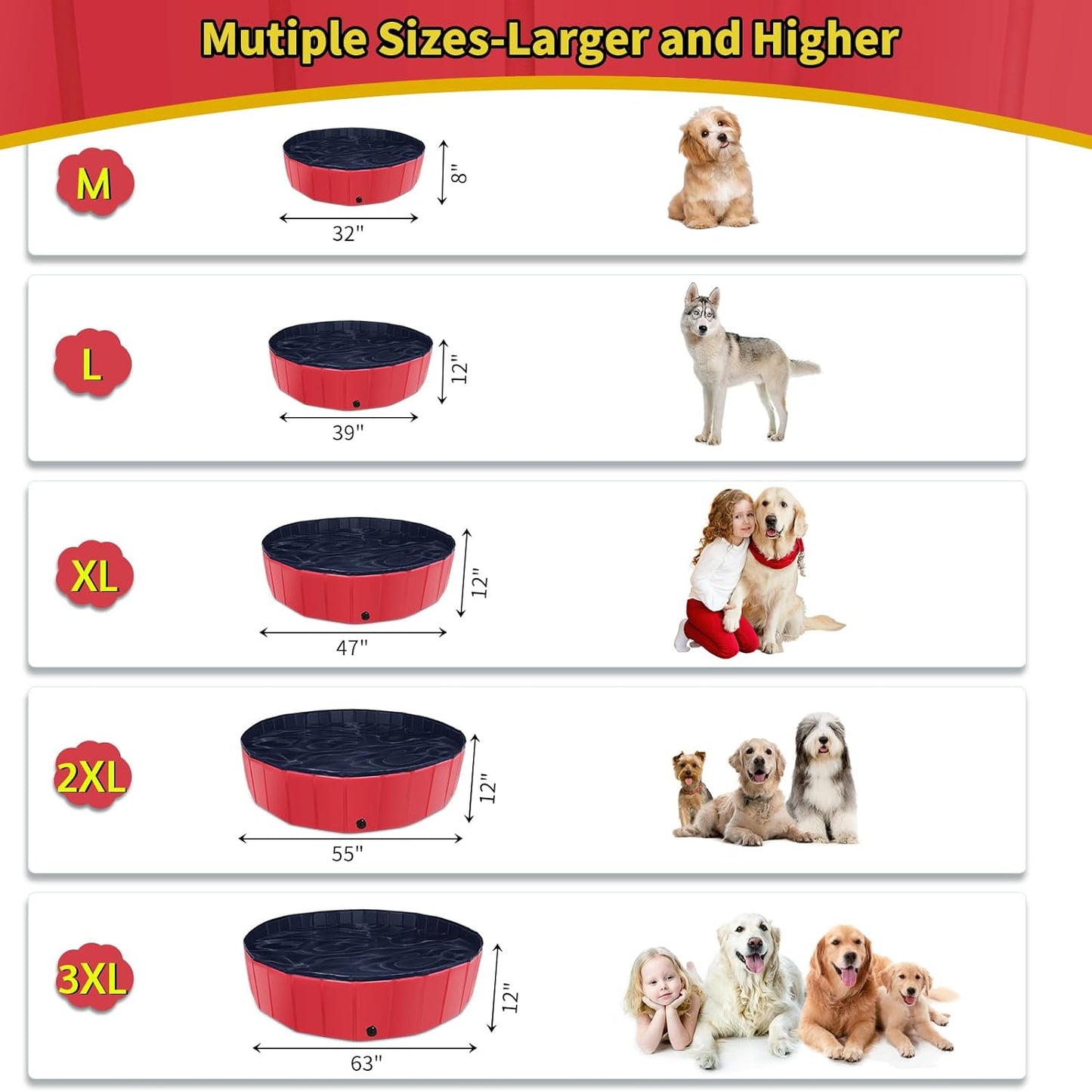 Foldable Dog Pool, 87" X 14" Large Kiddie Pool with Hard Plastic, Non-Slip Dog Bath Tub for Outdoor Backyard, Collapsible Dog Swimming Pool for Kids Dogs Pets (Red)