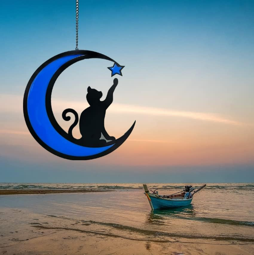 Cat Memorial Gifts Luminous Pet Memorial Gifts Sun Catcher for Cat Lovers Black Cat and Blue Moon Light on Window Loss of Cat Sympathy Gift(Blue)