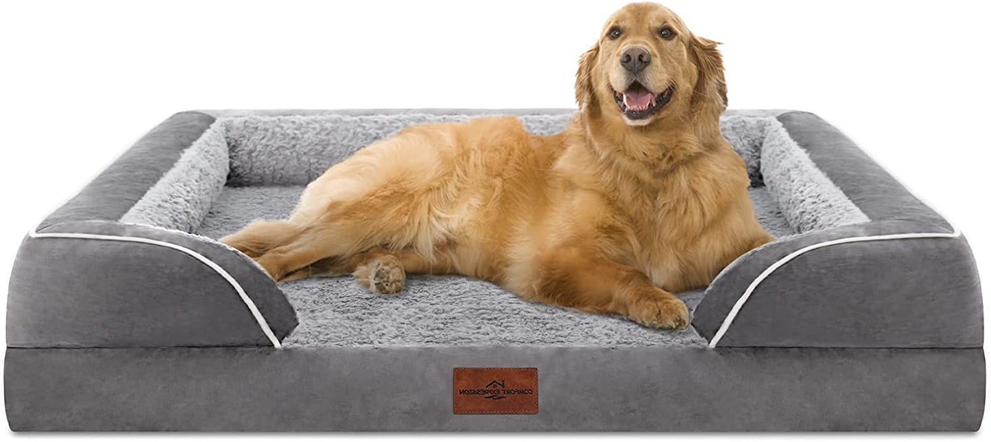 XL Dog Bed Waterproof, Extra Large Dog Beds Orthopedic Foam, Large Dog Beds with Bolster, Washable Dog Bed Sofa Pet Bed with Removable Cover & Non-Slip Bottom(X-Large,Grey White)