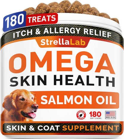 Strellalab Omega 3 for Dogs - (180Ct) Fish Oil Treats - Allergy & Itch Relief Skin&Coat Supplement - Dry Itchy Skin, Shedding, Hot Spots Treatment, anti Itch - Pet Salmon Oil Chews - Salmon Flavor