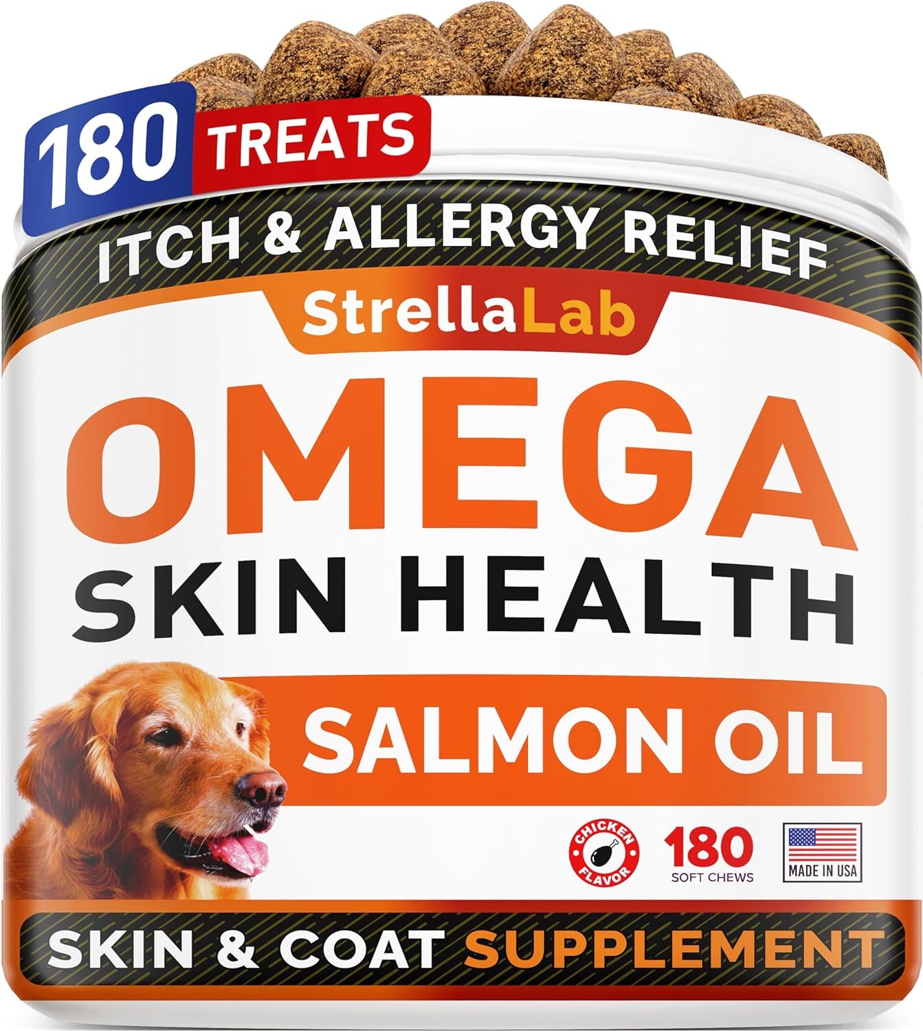 Strellalab Omega 3 for Dogs - (360Ct) Fish Oil Treats - Allergy & Itch Relief Skin&Coat Supplement - Dry Itchy Skin, Shedding, Hot Spots Treatment, anti Itch - Pet Salmon Oil Chews - Chicken Flavor