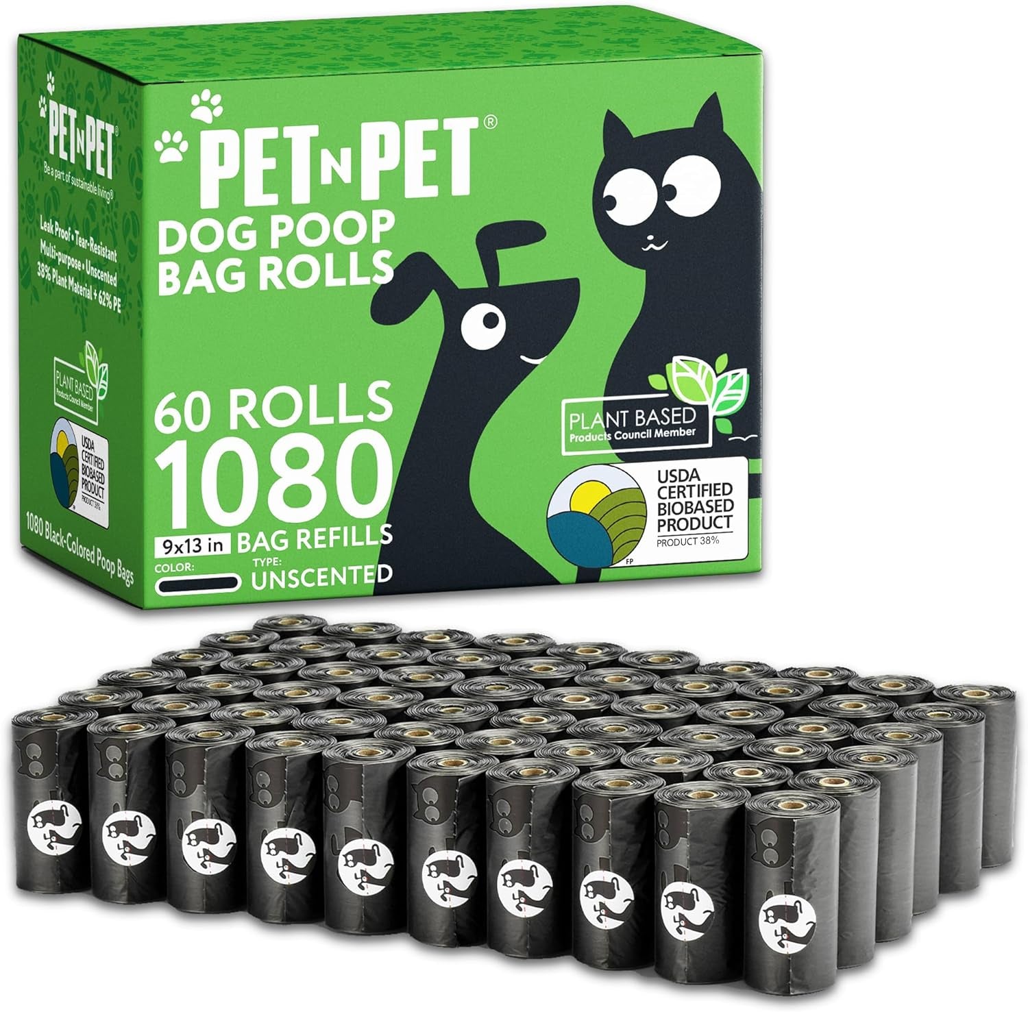 Pet N Pet 1080 Counts Black Poop Bags for Dogs, 38% Plant Based & 62% PE Extra Thick Dog Poop Bags Rolls, 9" X 13" Unscented Dog Bags for Poop, Doggie Poop Bags, Cat Poop Bags, Pet Waste Bags