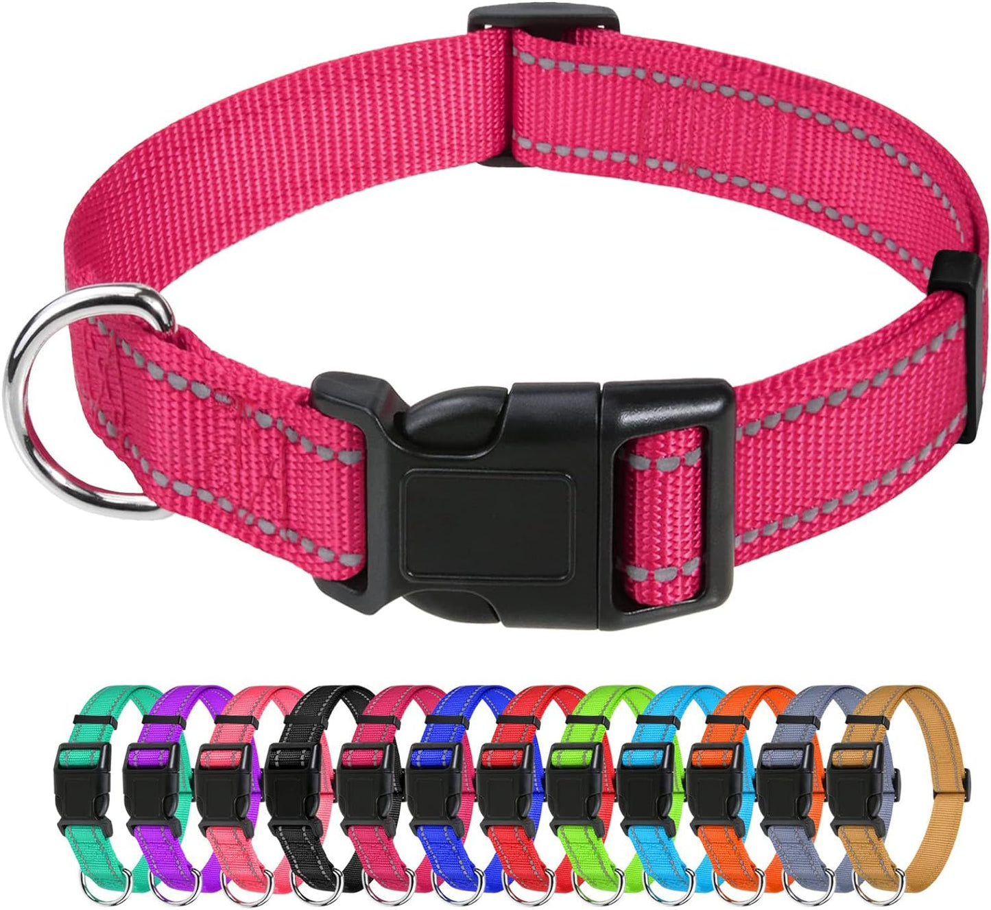 Tagme Reflective Nylon Dog Collars, Adjustable Classic Dog Collar with Quick Release Buckle for Small Dogs, Hot Pink, 3/4" Width