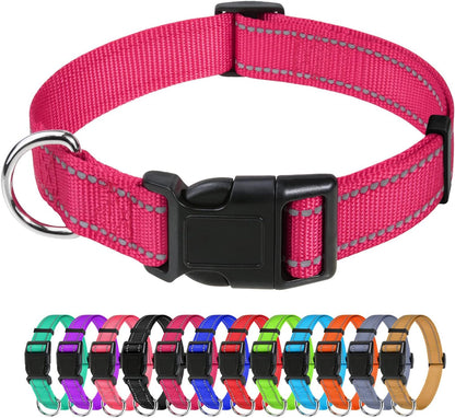 Tagme Dog Collar, Adjustable Reflective Nylon Dog Collar with Quick Release Buckle for Medium Dogs, Hot Pink, 1.0" Width