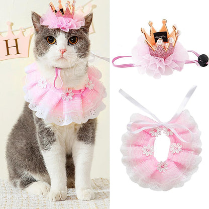 Cat Princess Costumes Pink Cat Crown Hat & Pink Lace Bandana Scarf Set, Puppy Part Hat for Small Dogs & Cat, Pink Outfit for Cats and Small Dogs Birthday Party