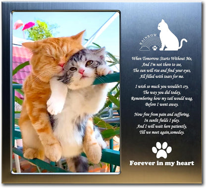 Cat Memorial Gift (Opts) Personalized Metal Wood - Pet Memorial Picture Frame 4X6 for Loss of Cats. (C02A)