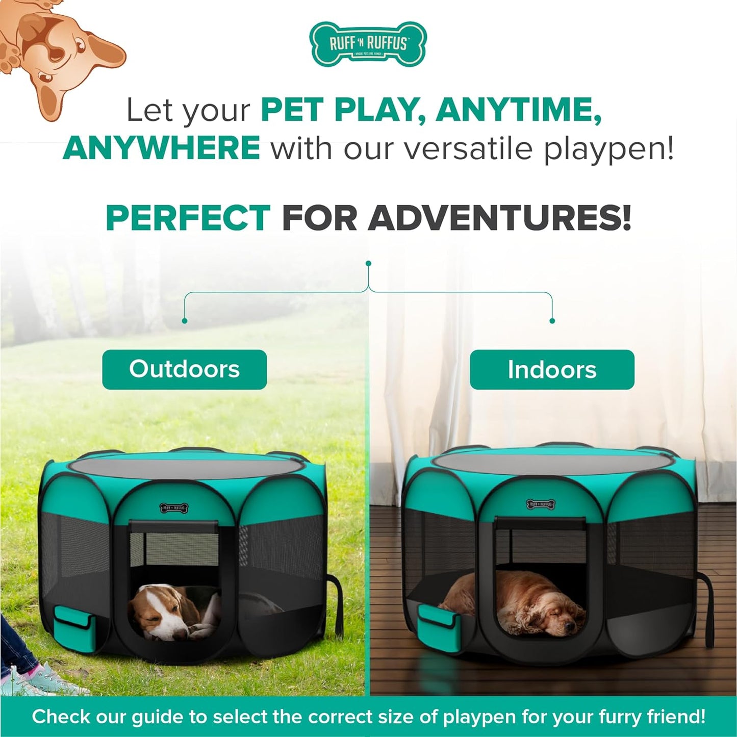 Ruff 'N Ruffus Portable Foldable Pet Playpen + Carrying Case & Collapsible Travel Bowl | Indoor/Outdoor Use | Water Resistant | Removable Shade Cover (Medium)