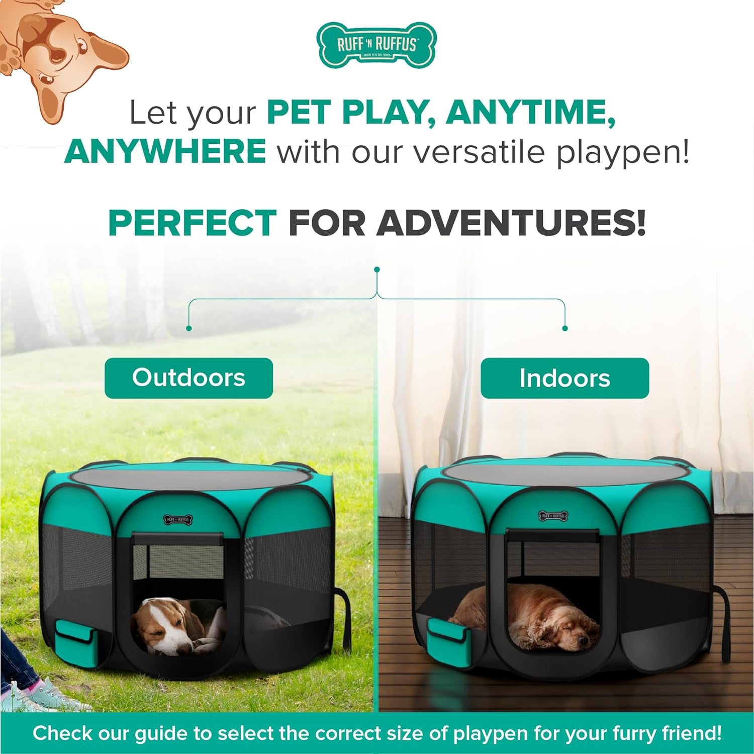 Ruff 'N Ruffus Portable Foldable Pet Playpen + Carrying Case & Collapsible Travel Bowl | Indoor/Outdoor Use | Water Resistant | Removable Shade Cover (Medium)