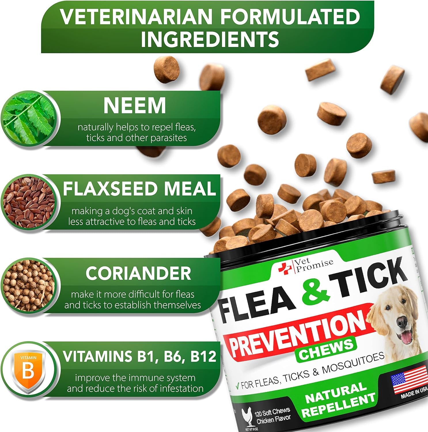 Flea and Tick Prevention for Dogs Chewables - All Natural Dog Flea & Tick Control - Flea and Tick Chews for Dogs - Oral Flea Pills for Dogs Supplement - All Breeds and Ages - Made in USA - 120 Tablets