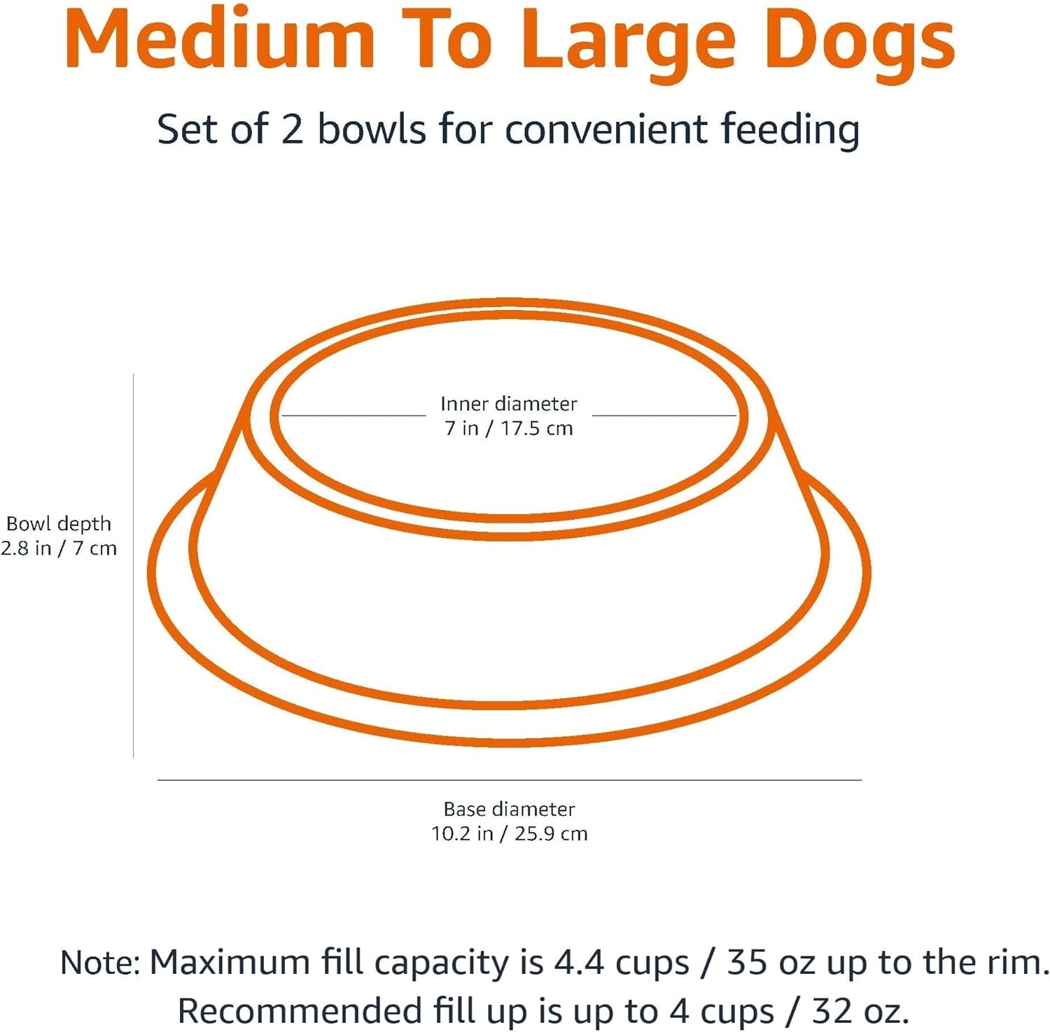 Amazon Basics Stainless Steel Non-Skid Pet Dog Water and Food Bowl, 2-Pack (10 X 2.8 Inches), Each Holds up to 4 Cups