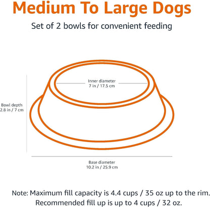 Amazon Basics Stainless Steel Non-Skid Pet Dog Water and Food Bowl, 2-Pack (10 X 2.8 Inches), Each Holds up to 4 Cups