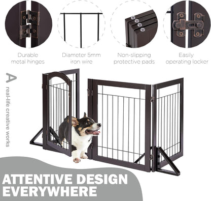 Spirich Freestanding Wire Pet Gate for Dogs, 30 Inches Tall Dog Gate for the Houes, Doorway, Stairs, Pet Puppy Safety Fence, Espresso, 3 Panels (No Include Support Feet)