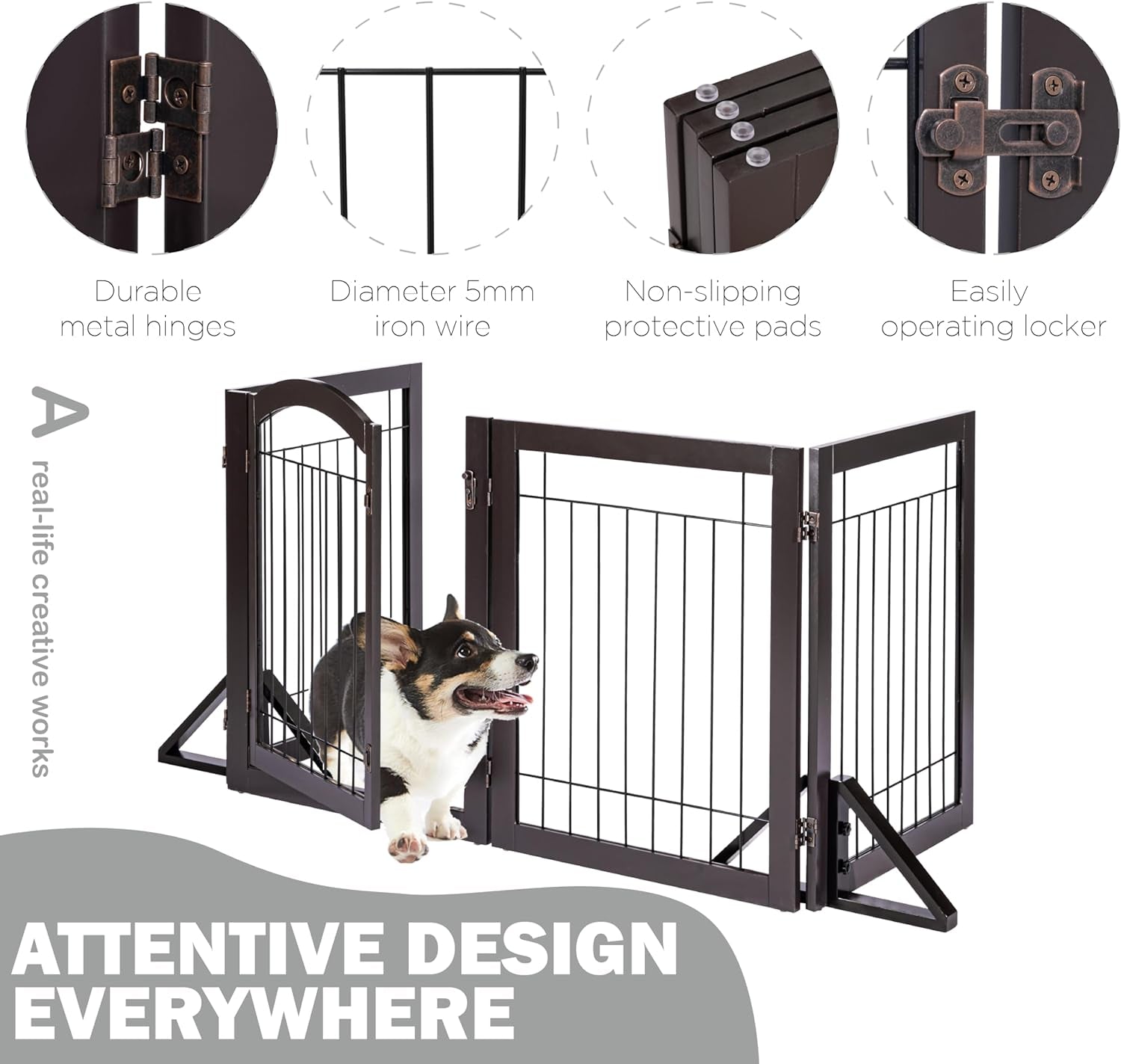 Spirich Extra Wide Dog Gates with Walk through Door, Wooden Freestanding Pet Gate for Dog, Dog Gate for the House, Doorway, Stairs, 120" Wide Pet Puppy Safety Fence with 6 Panels (White)