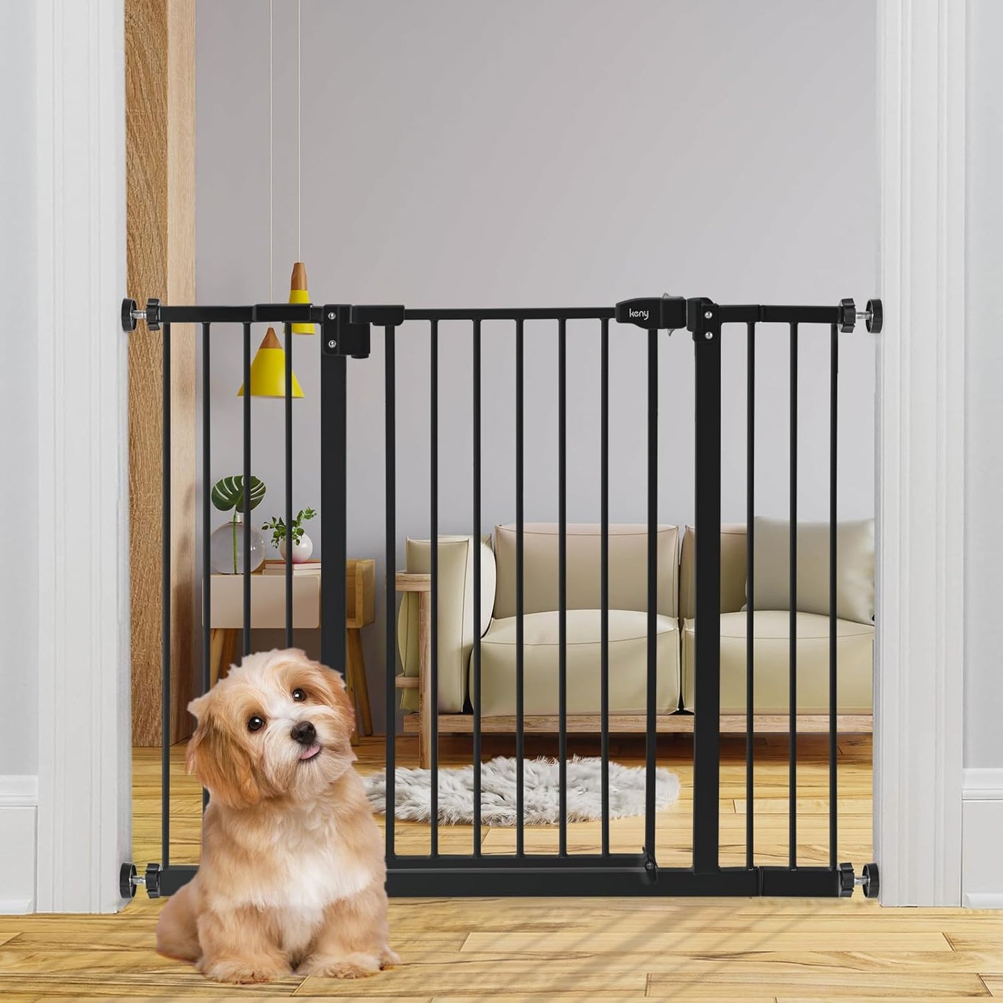 Keny 29"-42.5" Baby Gate for Stairs, Auto Close Safety Dog Gate, Pressure Mounted Easy Walk through Pet Gate for Doorways, Durable Safety Stair Gate, 30" Tall, Black