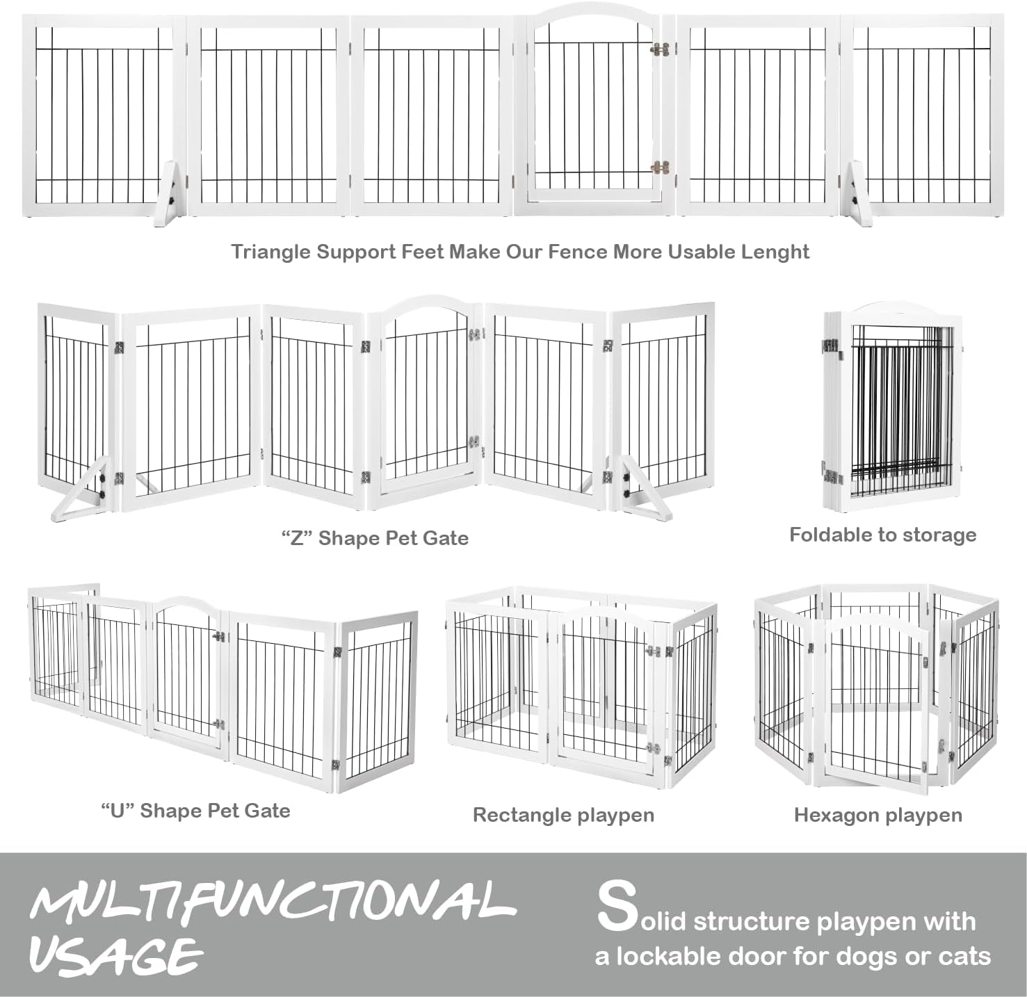 PAWLAND 144-Inch Extra Wide 30-Inches Tall Dog Gate with Door Walk Through, Freestanding Wire Pet Gate for the House, Doorway, Stairs, Pet Puppy Safety Fence, Support Feet Included, White,6 Panels