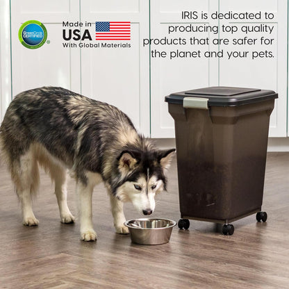 IRIS USA Weatherpro Airtight Dog Food Storage Container, up to 42 Lbs, Attachable Wheels, for Dog Cat Bird and Other Pet Food Storage Bin, Keep Fresh, Easy Mobility, BPA Free, Smoke/Black