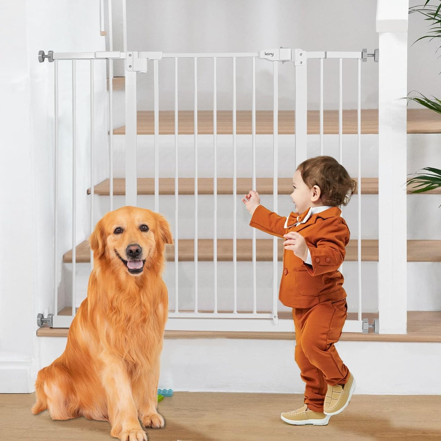 Keny 36" Extra Tall Baby Gate for Stairs, 29"-42.5" Wide Auto Close Dog Gate, Pressure Mounted Easy Walk through Pet Gate for Doorways, Durable Safety Stair Gate, White