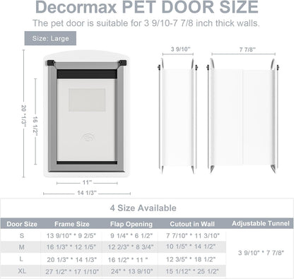 Steel Dog Door for Wall, Energy Efficient Pet Door, Telescoping Tunnel and Steel Frame, Double Magnetic Flaps and Two Sliding Lock Panels, Easy to Install, White, Large