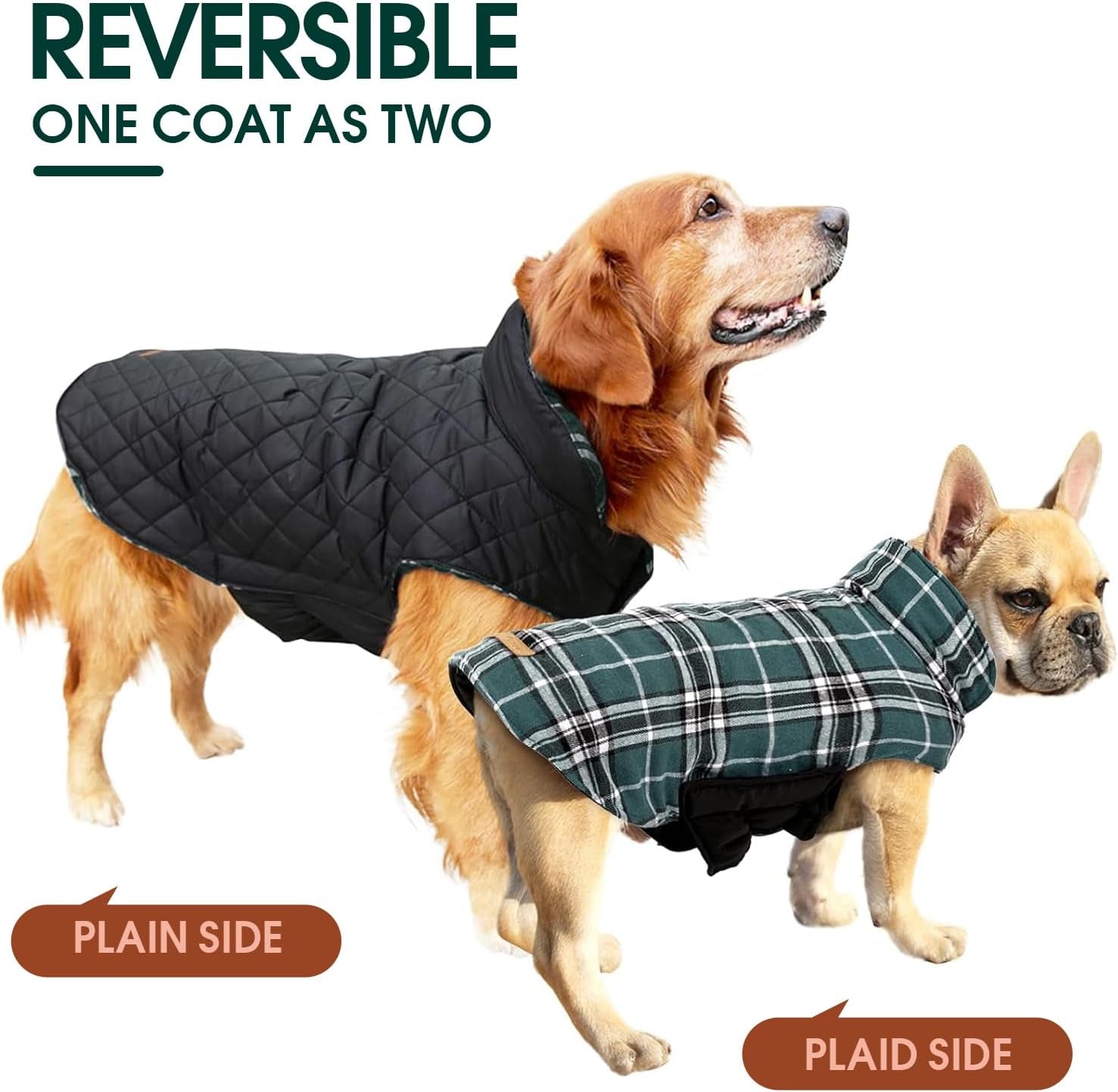 Kuoser Warm Dog Coat, Reversible Dog Jacket Waterproof Dog Winter Coat British Style Plaid Dog Clothes Pet Dog Cold Weather Coats Cozy Snow Jacket Vest for Small Medium Large Dogs Green M