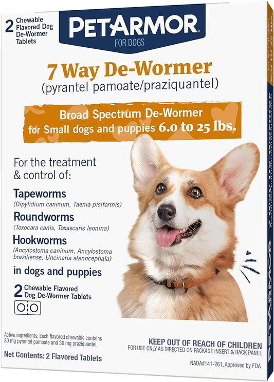 Petarmor 7 Way De-Wormer for Dogs, Oral Treatment for Tapeworm, Roundworm & Hookworm in Small Dogs & Puppies (6-25 Lbs), Worm Remover (Praziquantel & Pyrantel Pamoate), 2 Flavored Chewables