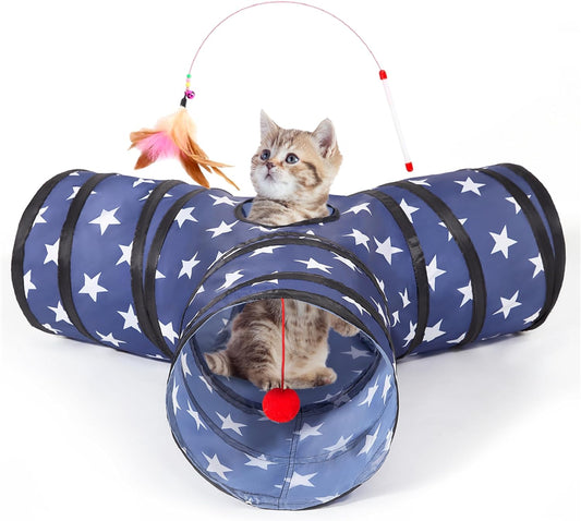 Pet Cat Tunnel Tube Cat Toys 3 Way Collapsible, Cat Tunnels for Indoor Cats，Kitty Tunnel Bored Cat Pet Toys Peek Hole Toy Ball Cat, Puppy, Kitty, Kitten, Rabbit Pentagram