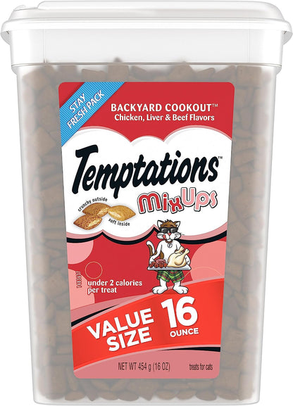 TEMPTATIONS MIXUPS Crunchy and Soft Cat Treats Backyard Cookout Flavor, 16 Oz. Tub