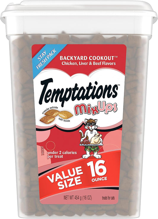 TEMPTATIONS MIXUPS Crunchy and Soft Cat Treats Backyard Cookout Flavor, 16 Oz. Tub